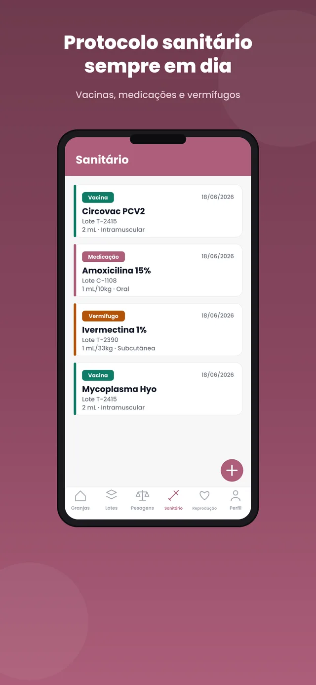 Tela de sanitário do app: vacinas e medicações por lote